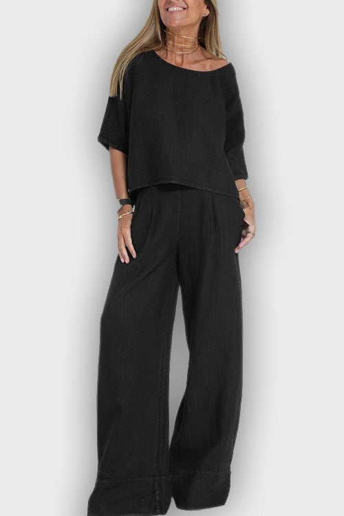 Conjunto elegante de algodón-lino para mujeres en dos piezas