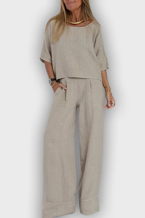 Conjunto elegante de algodón-lino para mujeres en dos piezas