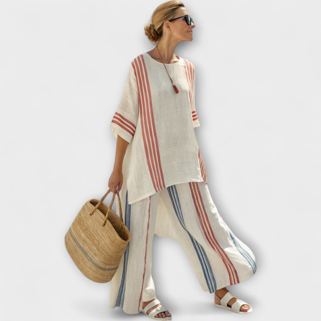 Faith - Conjunto étnico de lino y bambú con rayas y corte amplio