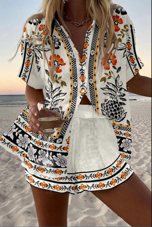 Airela™ | Conjunto de verano corto de lino con estampado de flores