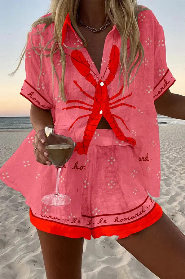 Palina™ | Traje corto de tela de lino en color langosta rosa
