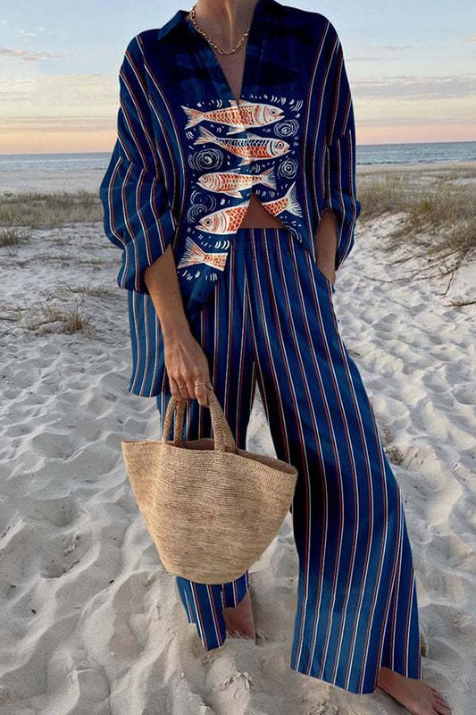 Zairin™ | Conjunto de lino con estampado azul