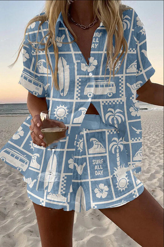 Trenara™ | Conjunto corto de lino con estampado de caravana