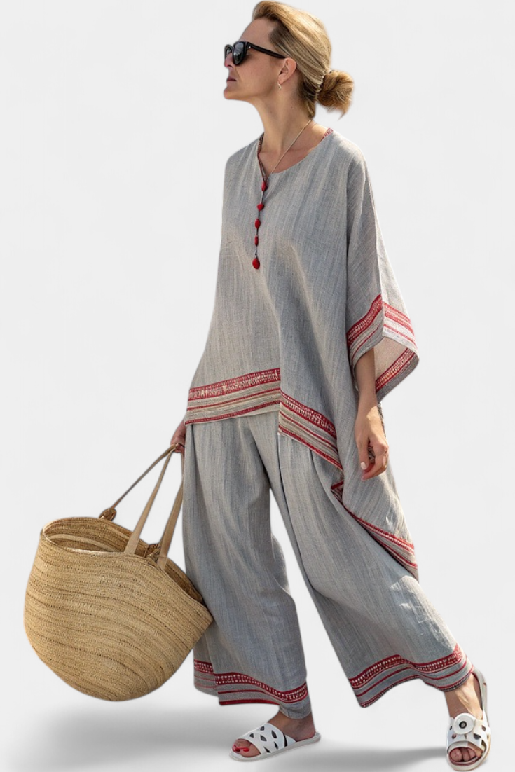 Faith - Conjunto étnico de lino y bambú con rayas y corte amplio