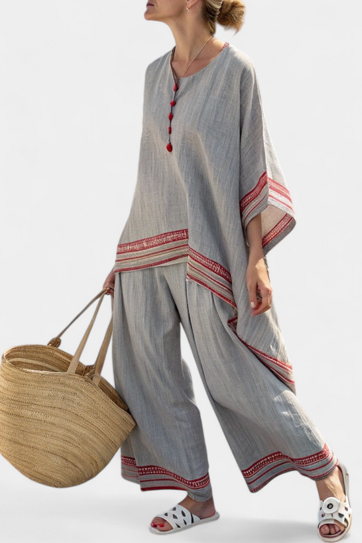 Faith - Conjunto étnico de lino y bambú con rayas y corte amplio