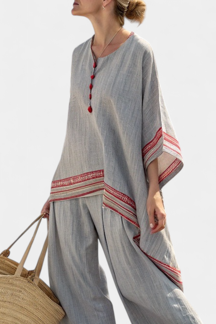 Faith - Conjunto étnico de lino y bambú con rayas y corte amplio