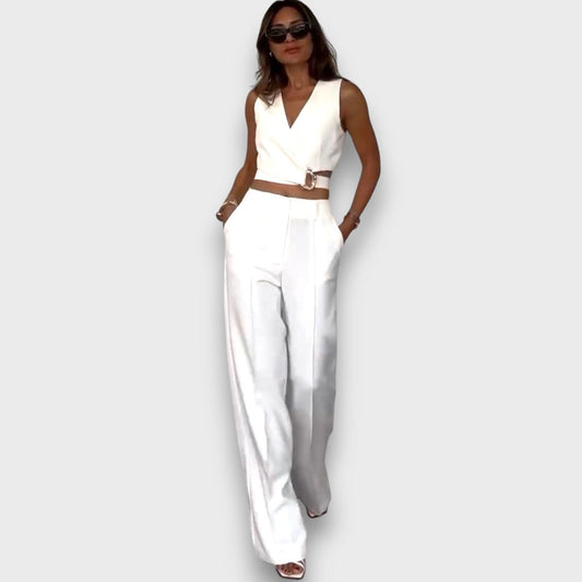 Solange – Conjunto blanco con cinturón en la cintura y pierna ancha