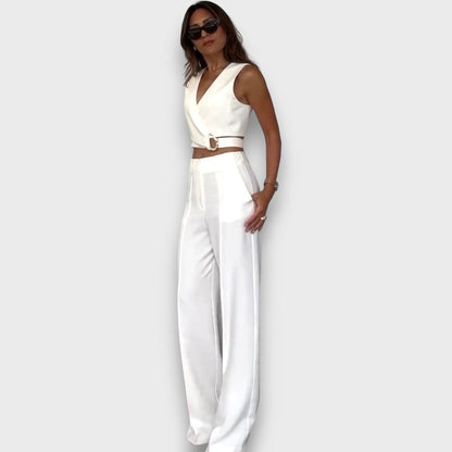 Solange – Conjunto blanco con cinturón en la cintura y pierna ancha
