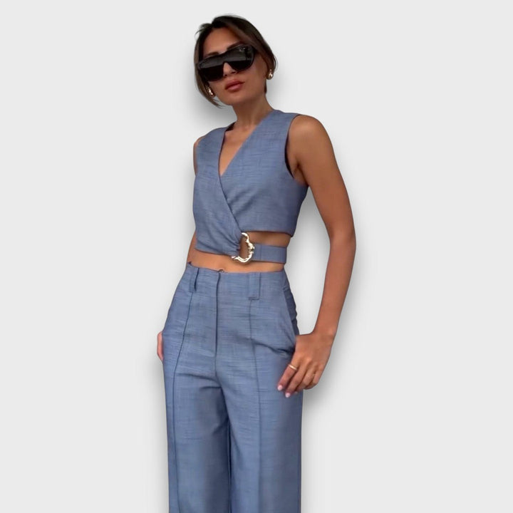 Solange – Conjunto blanco con cinturón en la cintura y pierna ancha