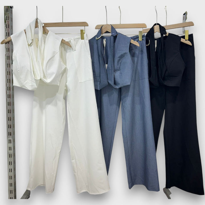 Solange – Conjunto blanco con cinturón en la cintura y pierna ancha