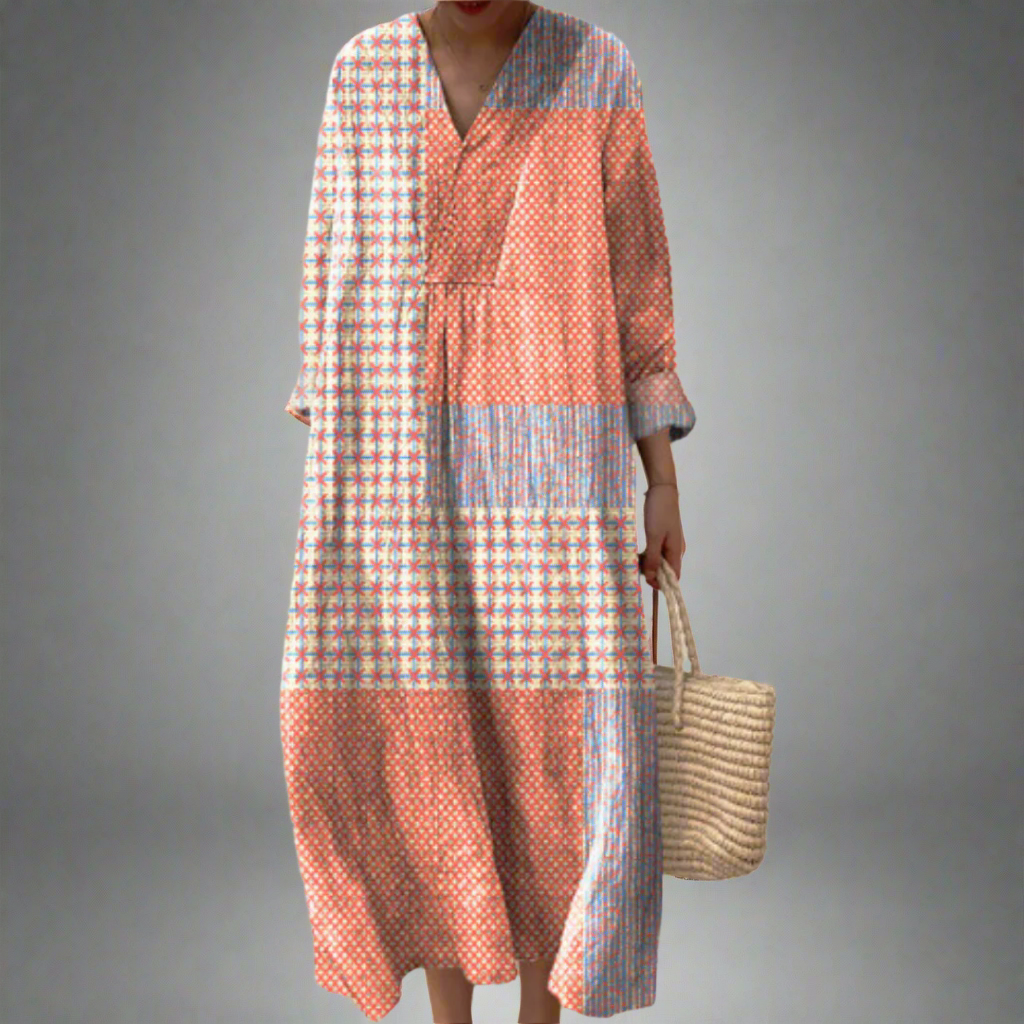 Nora™ | Vestido midi patchwork con patrones de corales y estrellas