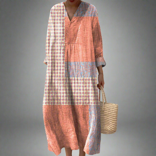 Nora™ | Vestido midi patchwork con patrones de corales y estrellas