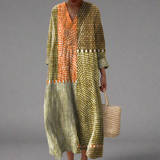 Vivian™ | Vestido midi con diseño de patchwork en suaves tonos tierra