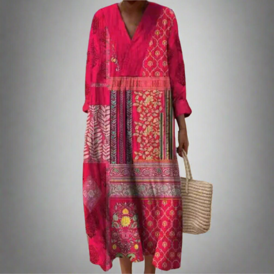 Maizi™ | Vestido midi bohemio con patchwork y mangas largas