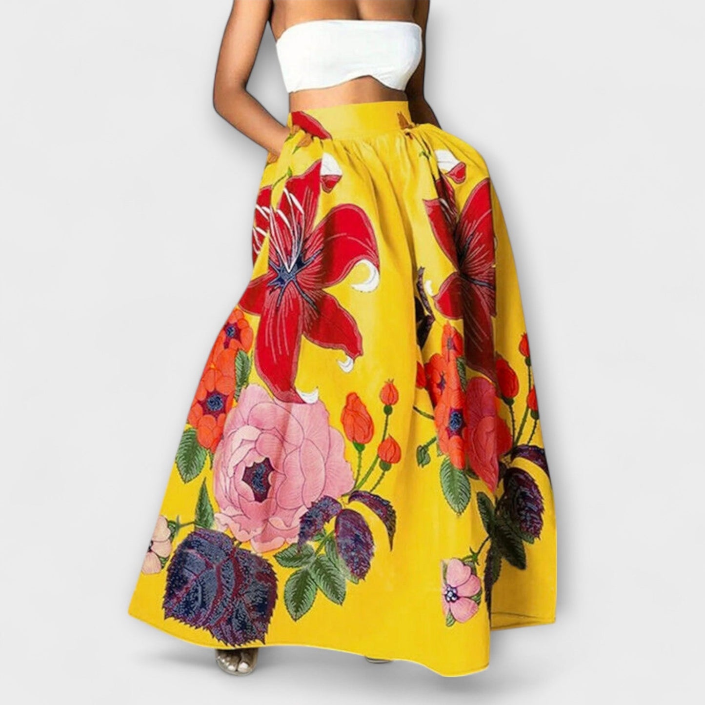 Falda maxi de cintura alta con estampado de flores