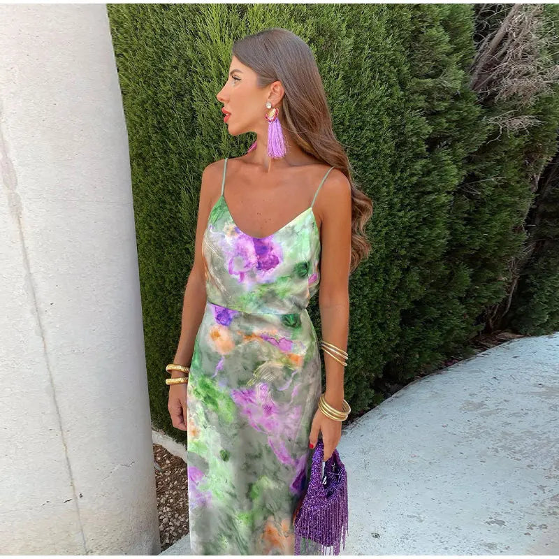 Anistan - Vestido maxi elegante con estampado de aloha y bufanda extraíble