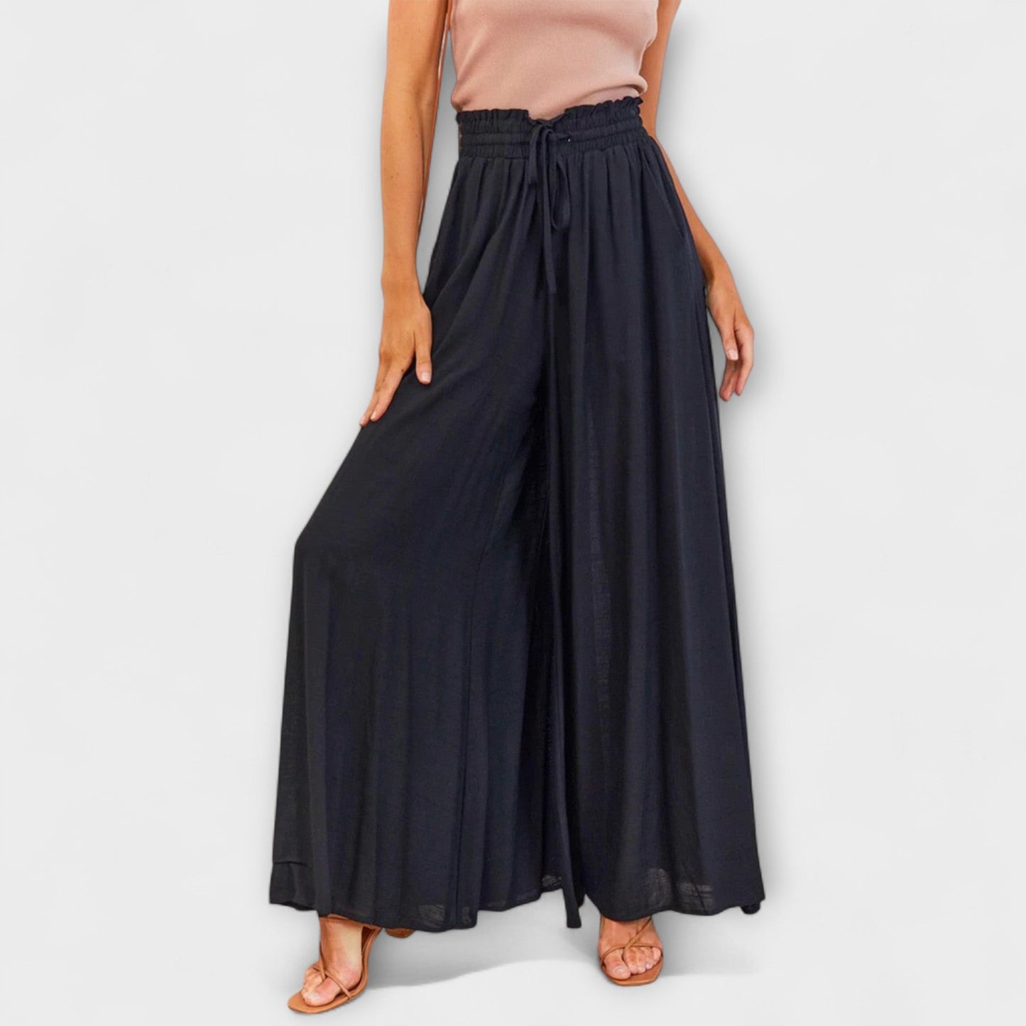 Pantalones de lino cómodos con cintura alta y pierna ancha