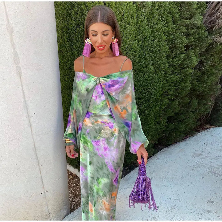 Anistan - Vestido maxi elegante con estampado de aloha y bufanda extraíble