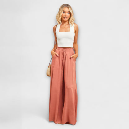 Pantalones de lino cómodos con cintura alta y pierna ancha