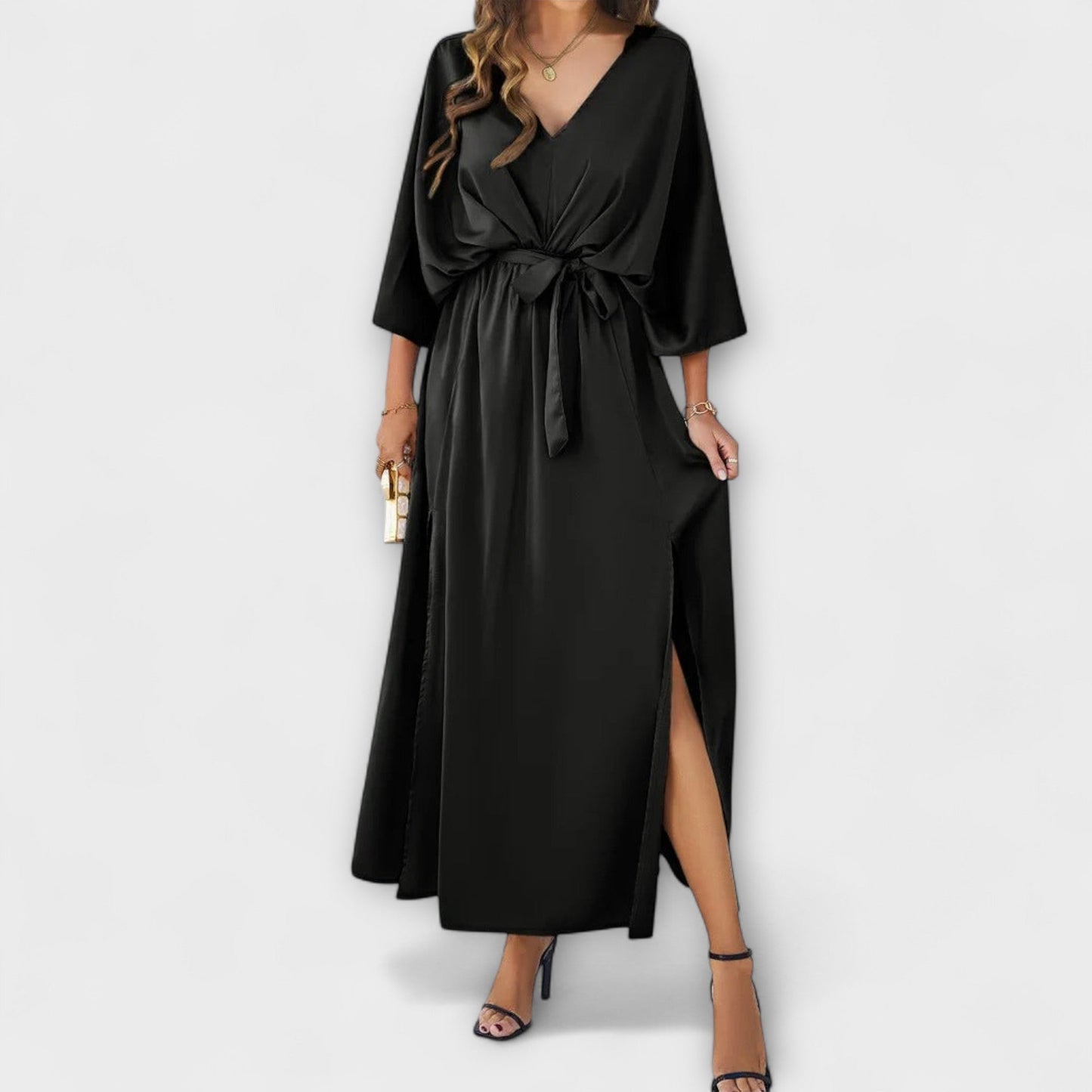 Vestido maxi con cuello en V profundo y cinturón