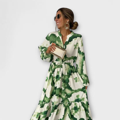Vestido maxi verde con mangas largas y corte en V