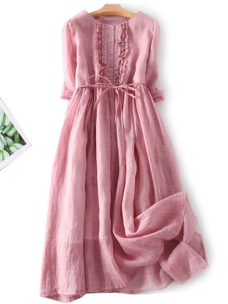Aria - Vestido de mujer estilo retro con cuello redondo y cintas en la cintura