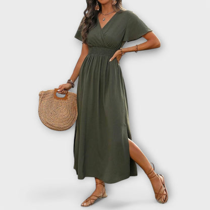 Vestido bohemio elegante con cuello en V y mangas largas
