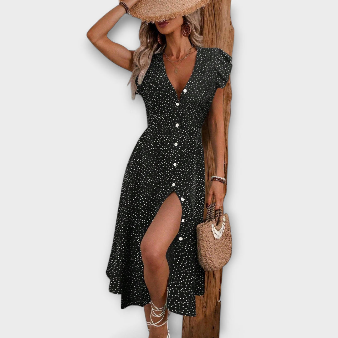 Vestido midi elegante con puntos de lunares