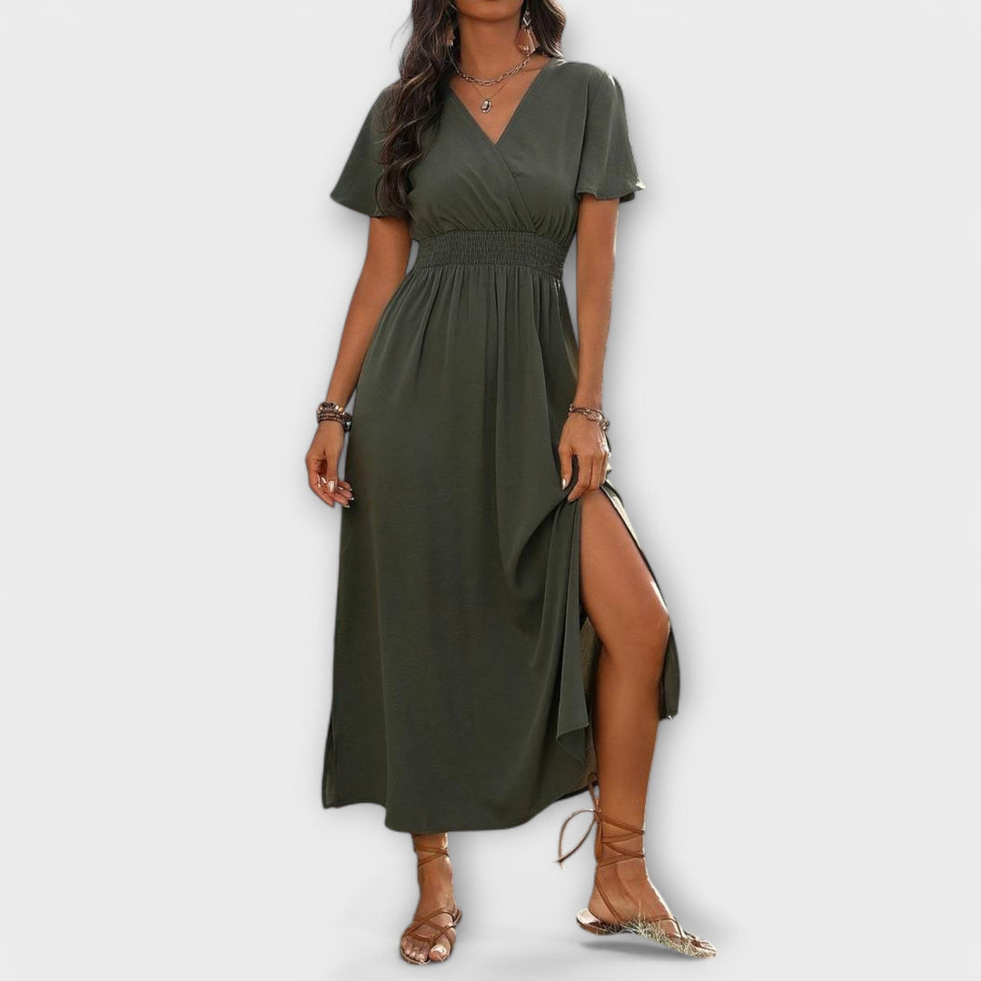 Vestido bohemio elegante con cuello en V y mangas largas