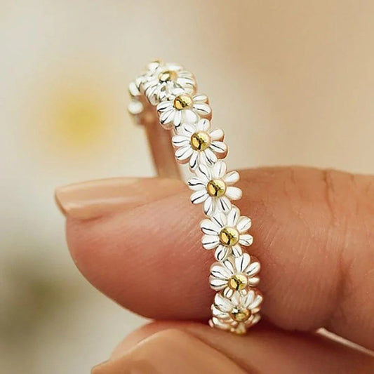Anillo de plata ajustable con flor pintada a mano