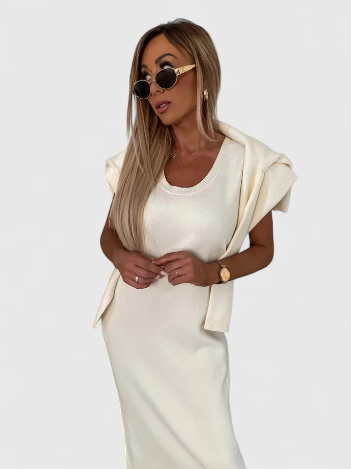 Chrystahl | Conjunto de Vestido Elegante y Suéter de Cuello Alto