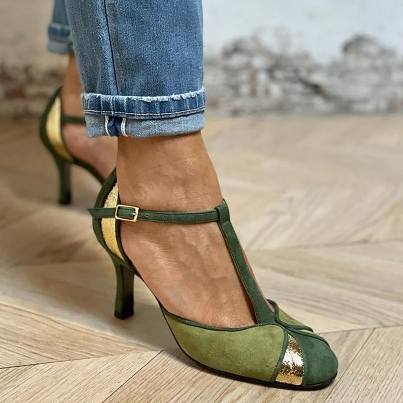 Taviana | Zapatos de charol patchwork con tira en T y punta cerrada