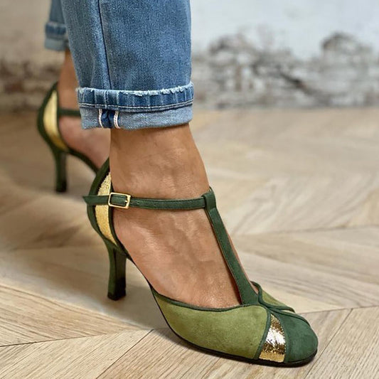 Taviana | Zapatos de charol patchwork con tira en T y punta cerrada