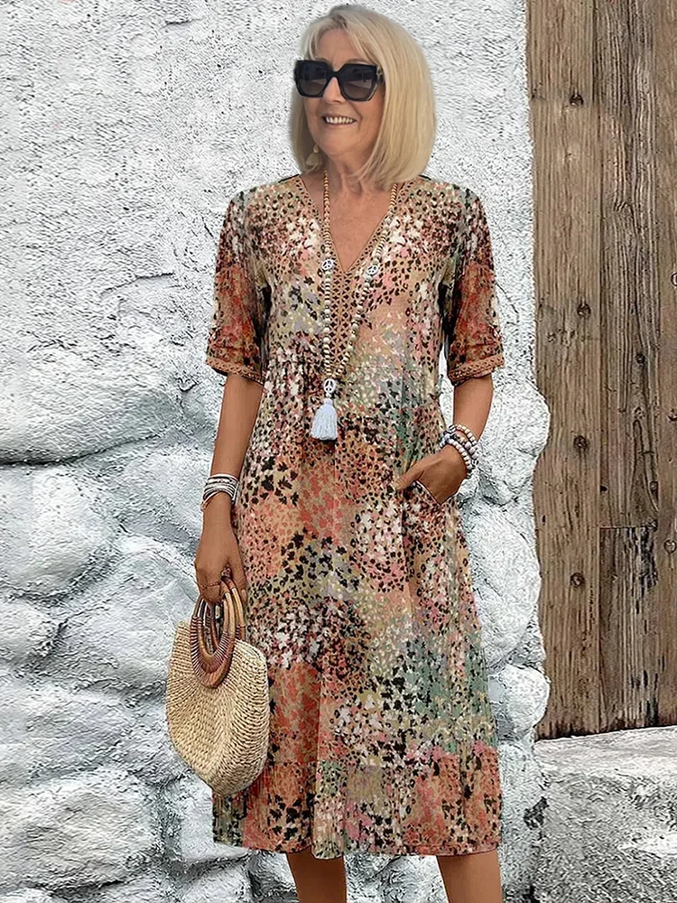 Pria | Vestido midi floral elegante con cobertura de abdomen