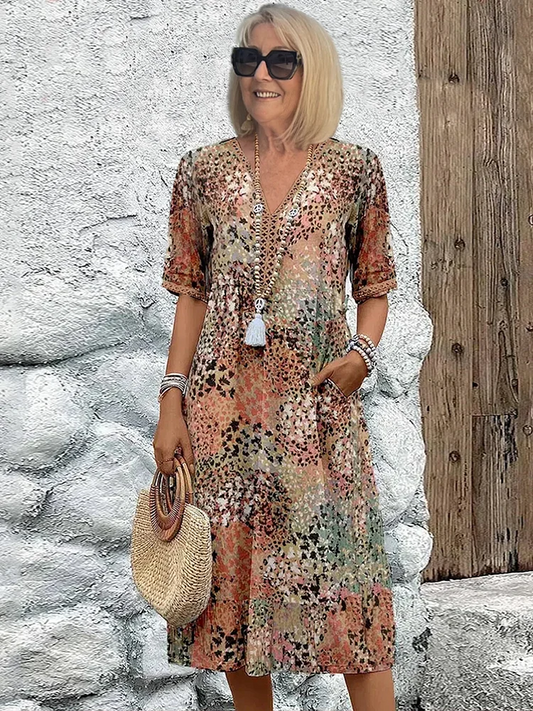 Pria | Vestido midi floral elegante con cobertura de abdomen