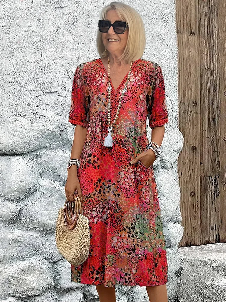 Pria | Vestido midi floral elegante con cobertura de abdomen