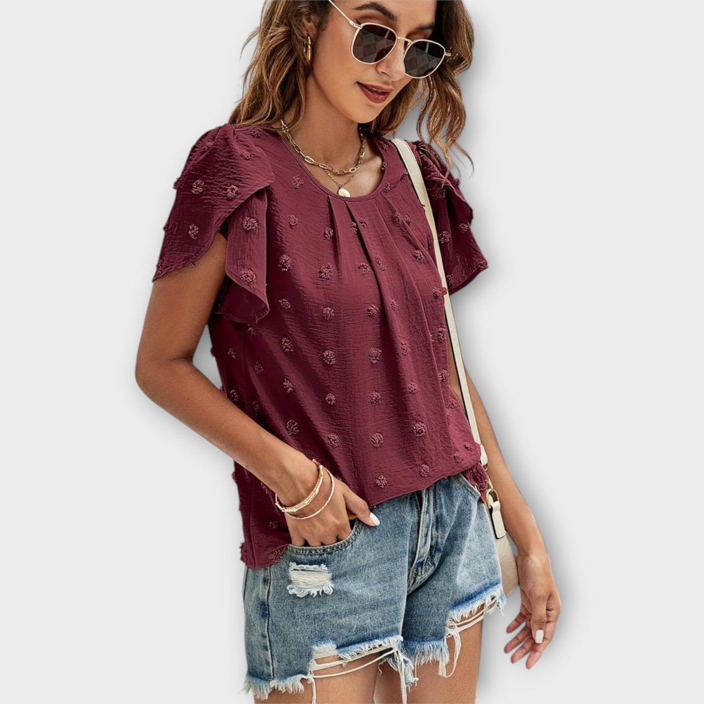 Camisa Charlotte con mangas florales estilo Swiss Dot