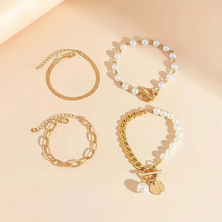 Juego de 4 pulseras Chic Gold – Serpiente, perlas y eslabones | Oro