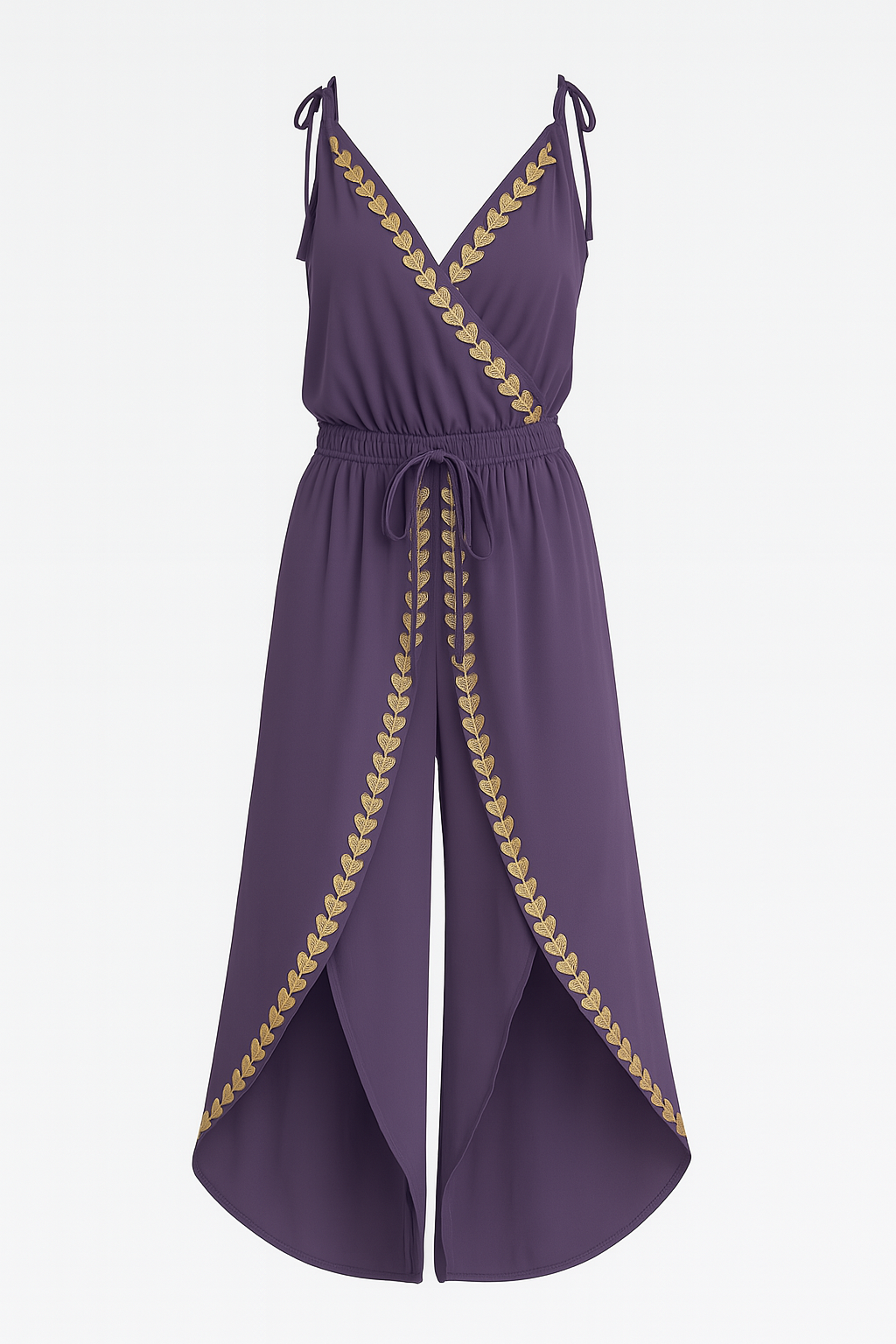 Saria – Vestido tipo jumpsuit con detalles dorados y cortes en las piernas