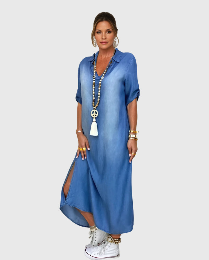 Lea™ | Vestido largo estilo vaquero con aberturas en los lados