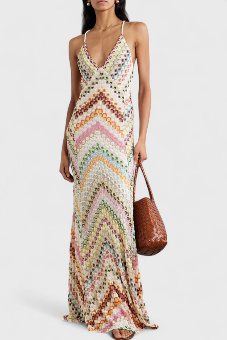 Vestido Agostina Largo con Encaje y Escote en V y Patrón de Zigzag