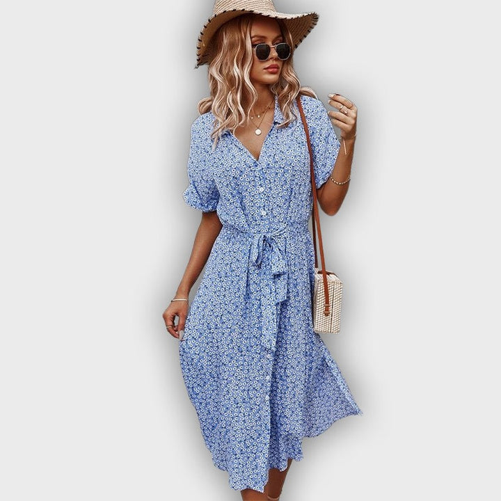 Vestido de verano midi casual con cintura ajustable y diseño floral