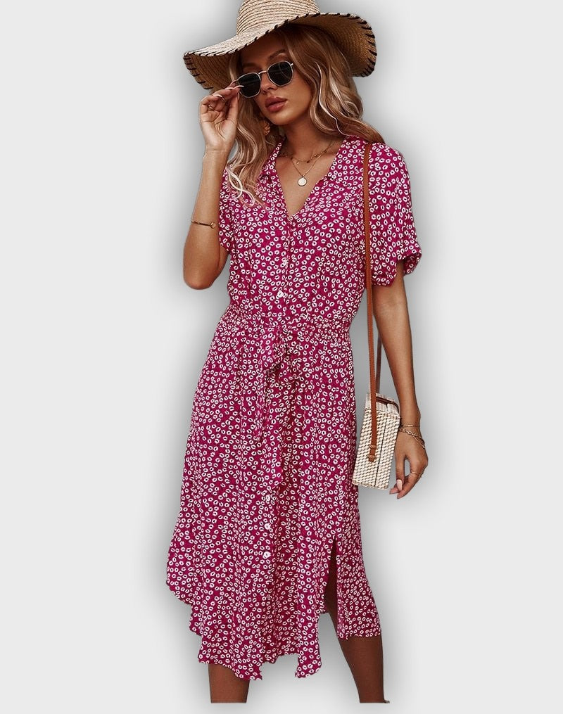 Vestido de verano midi casual con cintura ajustable y diseño floral
