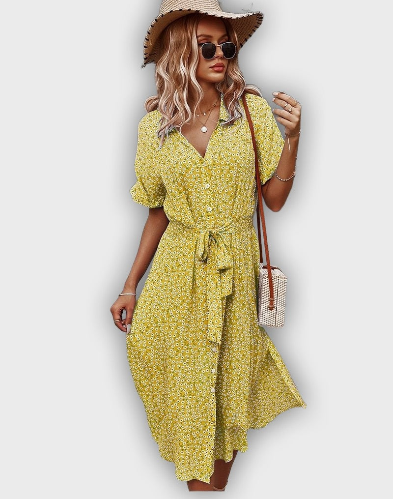 Vestido de verano midi casual con cintura ajustable y diseño floral