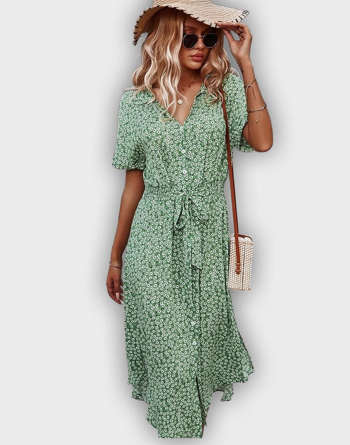 Vestido de verano midi casual con cintura ajustable y diseño floral