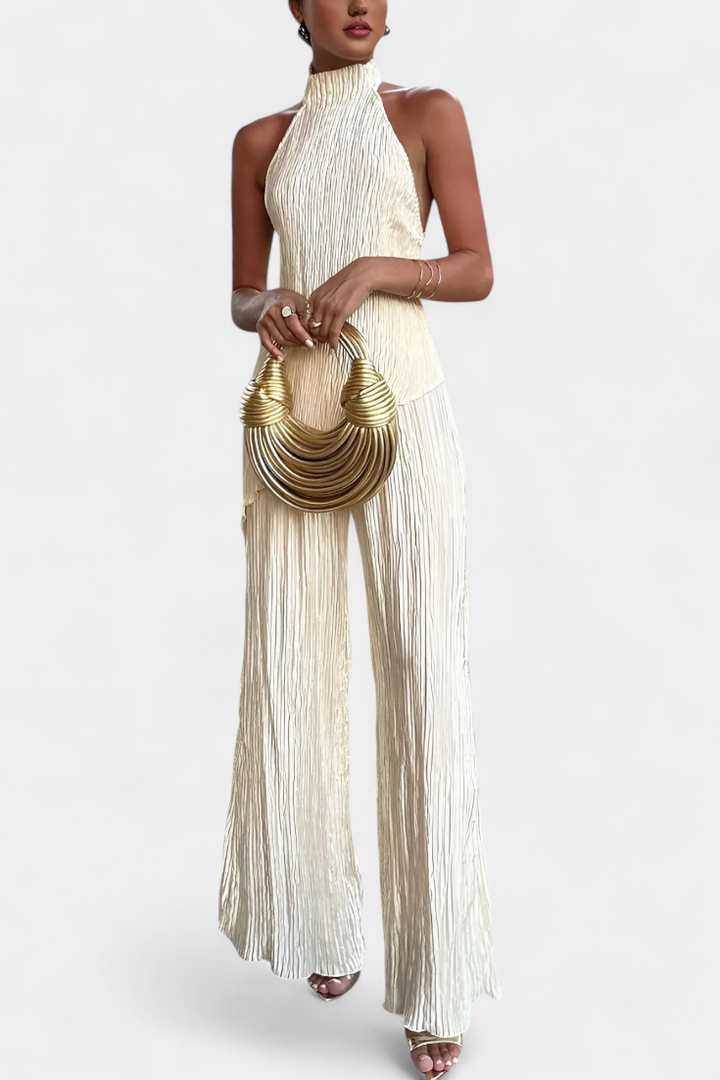 Conjunto Pillarica elegante con top asimétrico y pantalones fluidos