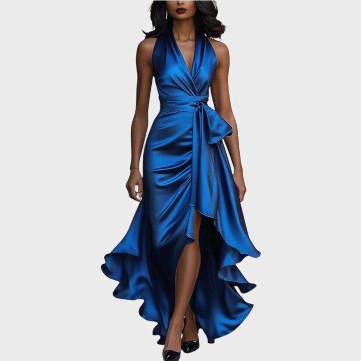 Lina | Vestido elegante de satén de medianoche con cuello al tobillo y volantes